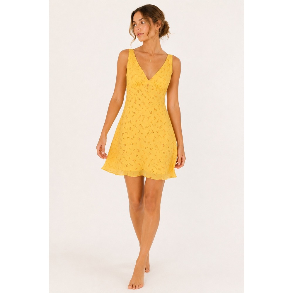 RUMORED Yellow Floral Mini Dress Women XS Bias Cut Slip Cottagecore Romantic NWT